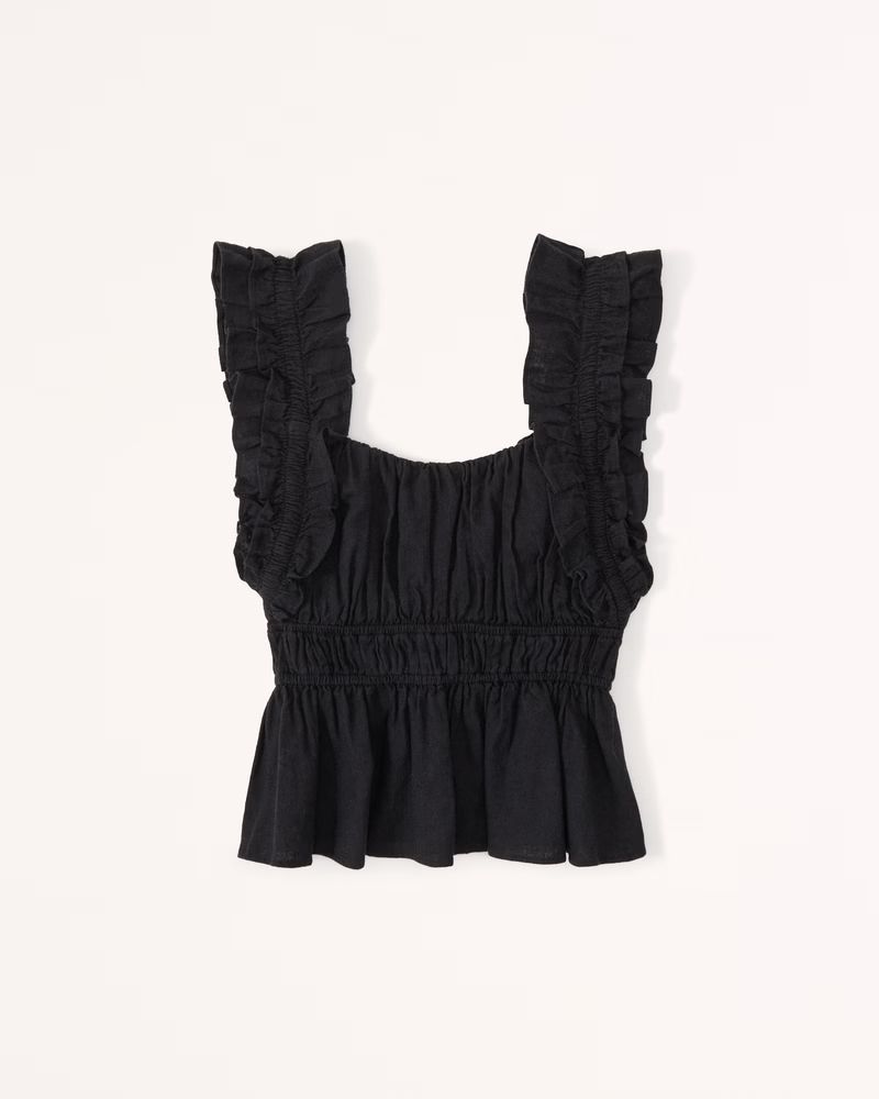 Abercrombie & Fitch Women's Ruffle Strap Linen-Blend Babydoll Top in Black - Size XXS | Abercrombie & Fitch (US)