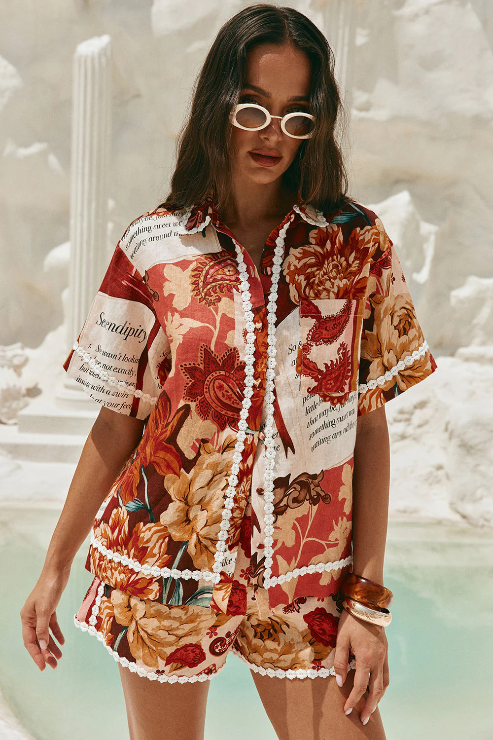 Red Floral Barocca Print Button Up Bia Shirt | Sabo Skirt US