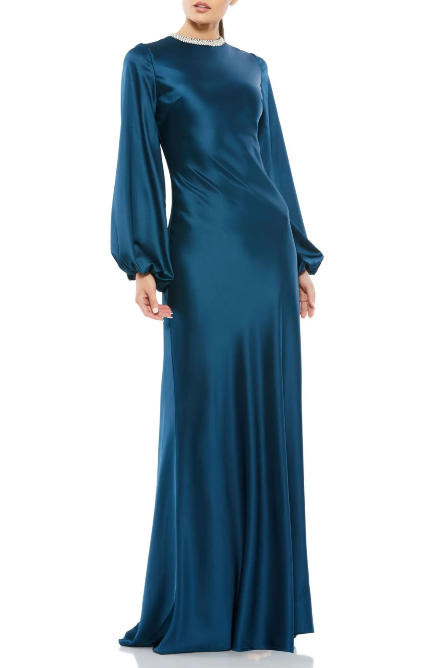 Petite Beaded High Neck Bishop Sleeve Satin Gown (Women) | Nordstrom | Nordstrom