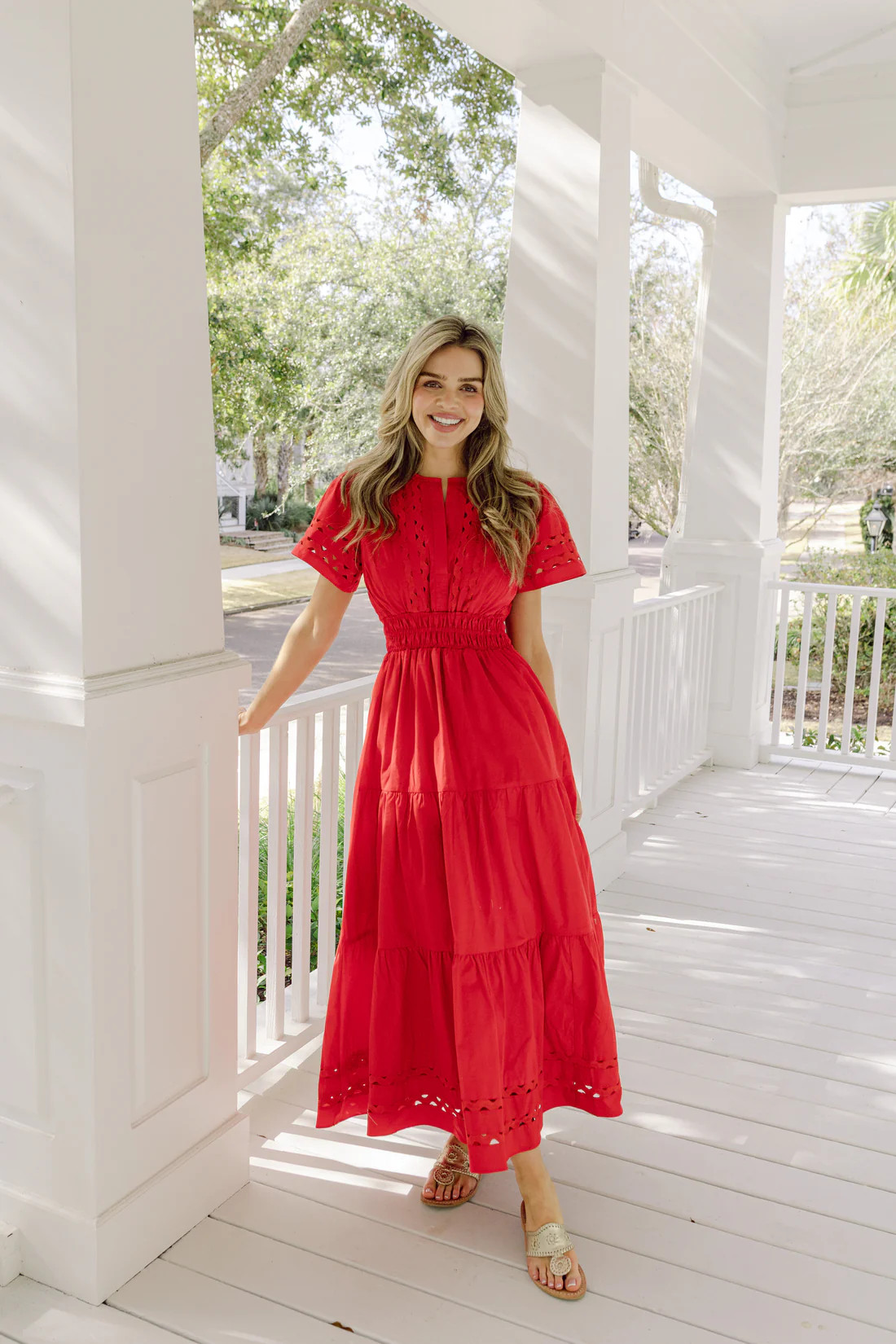 Red Short Sleeve Cinched Waist Maxi Dress with Ric-Rac Inlay | Sail to Sable