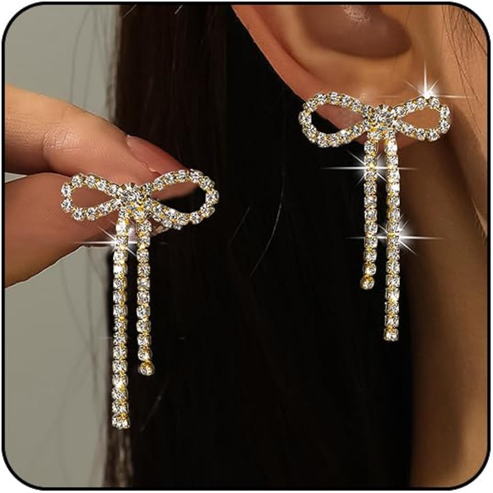 Black Bow Earrings for Women Trendy Black Earrings Dangling Sparkly Wedding Earings for Brides Bo... | Amazon (US)