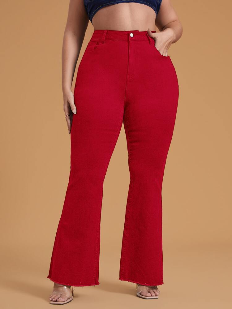 Plus High Waist Slant Pocket Raw Hem Flare Leg Jeans | SHEIN