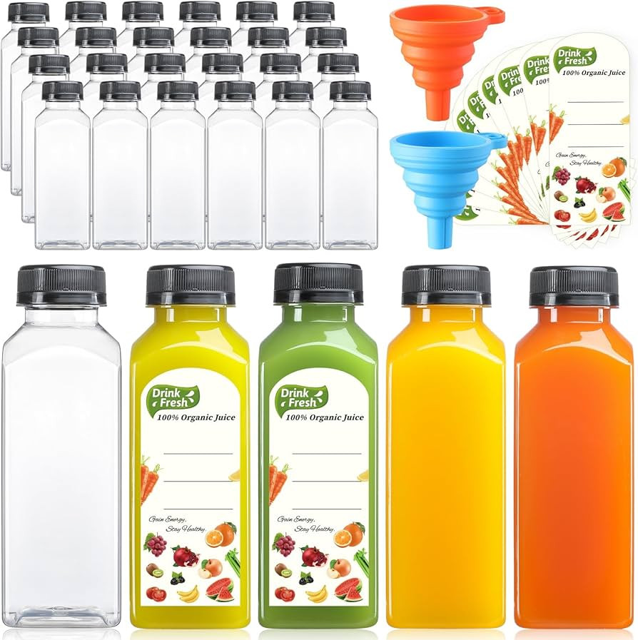 24 PACK, 12 OZ Reusable Plastic Juice Bottles with Caps, Plus 24 Labels & 2 Silicone Funnels - Cl... | Amazon (US)