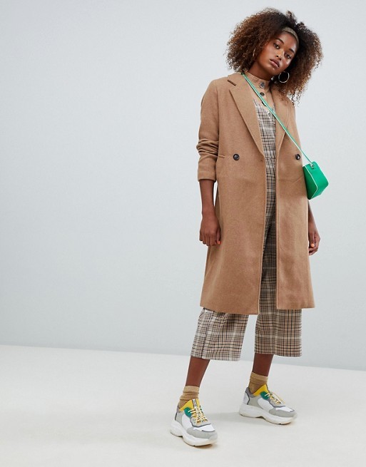 Bershka long line double button car coat in camel | ASOS US