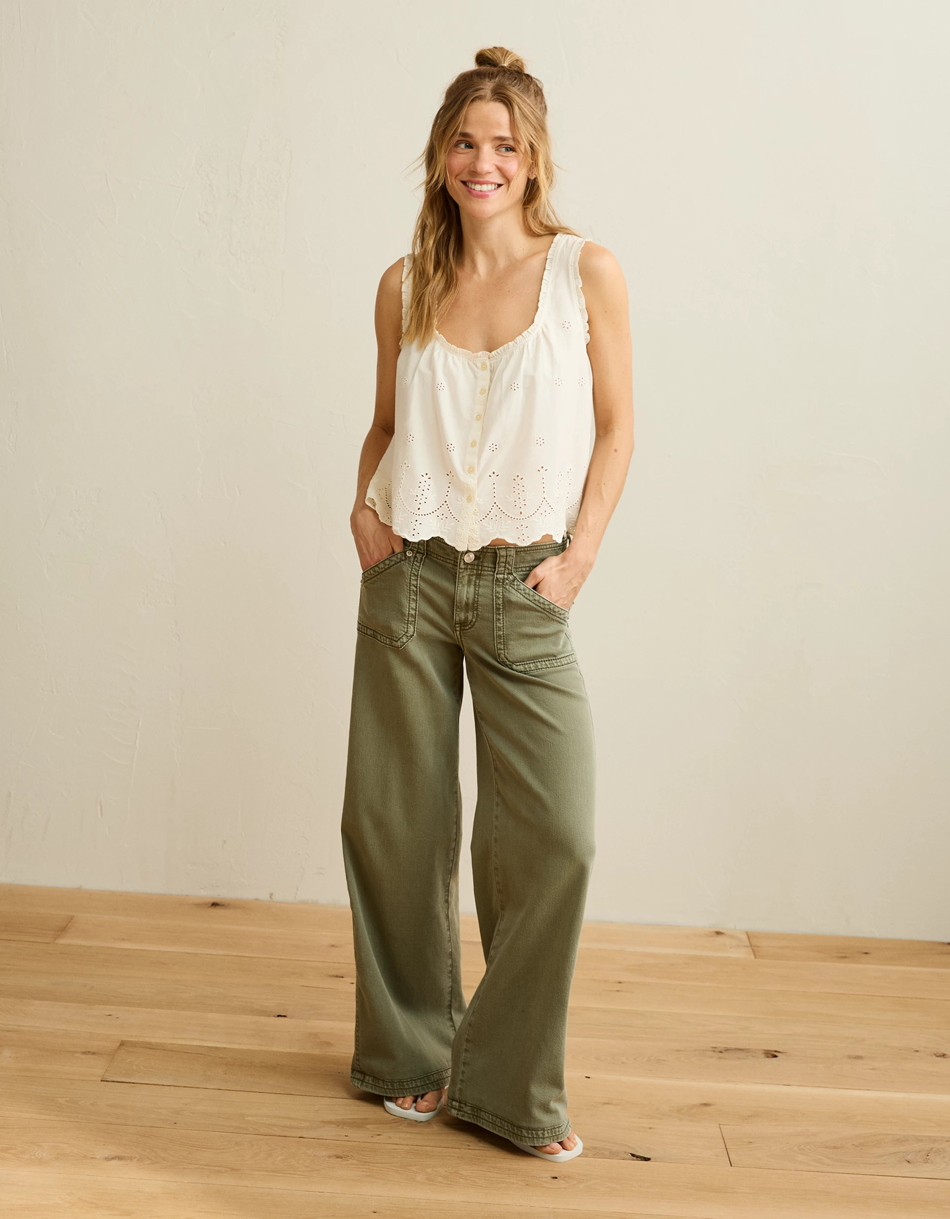 AE Ruffle-Neck Eyelet Button-Up Top | American Eagle Outfitters (US & CA)