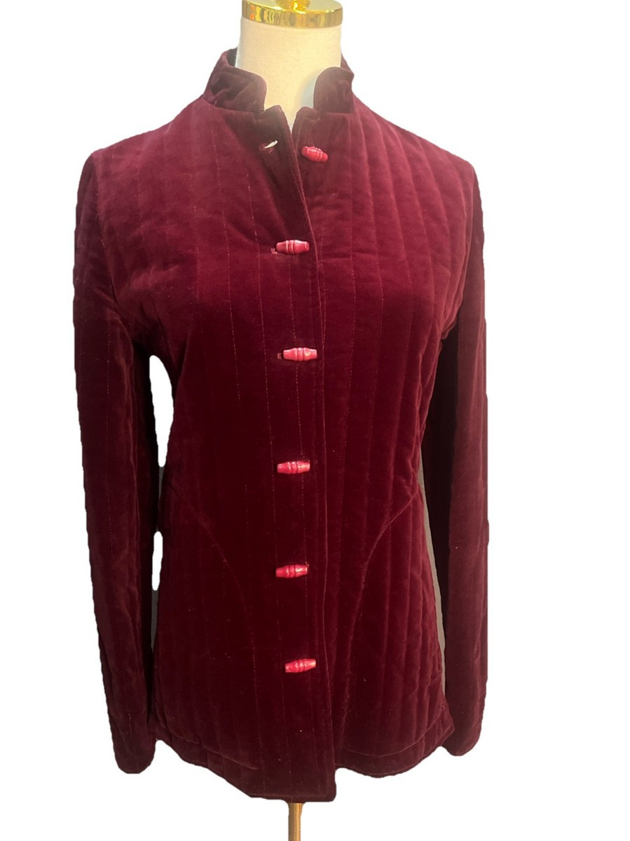 Burgundy Quilted Jacket Mandarin Collar Frog Closure Tang Style Vintage Woman’s | eBay US