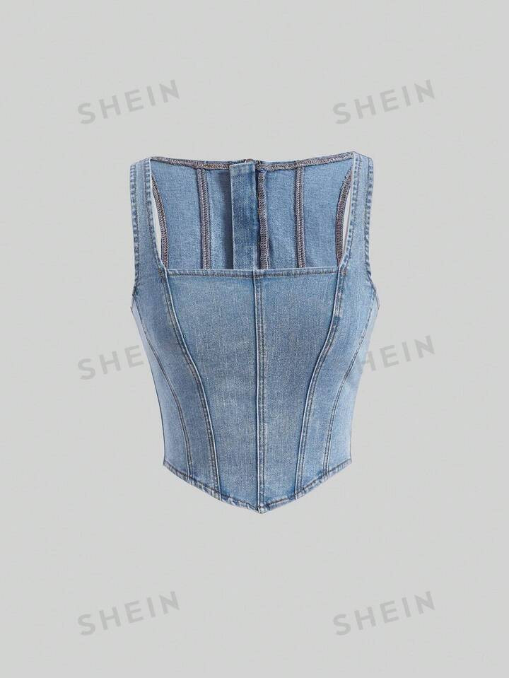 SHEIN Square Neck Hanky Hem Zip Back Tank Denim Top | SHEIN