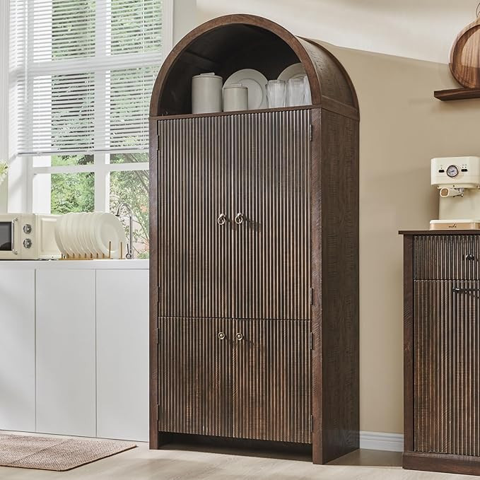 71" Tall Arched Kitchen Pantry, Modern Fluted Wood Storage Cabinet with Doors, 3 Adjustable Shelv... | Amazon (US)