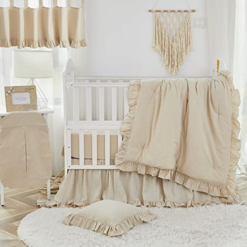 Brandream Baby Crib Bedding Set for Girls Boys Gender Neutral Boho Bohemian Farmhouse Chic Ruffle 6-Piece Nursery Bedding Set - 100% Washed Cotton Beige | Amazon (US)