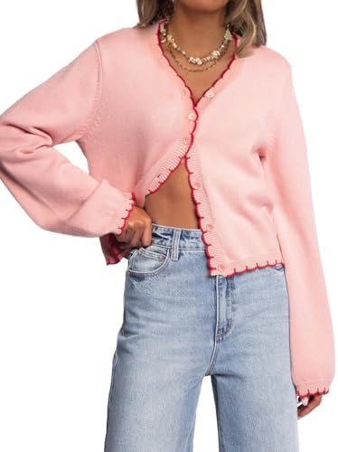 Women Long Sleeve Cardigan Button Down Knit Jackets Open Front Cropped Contrast Color Trim Sweate... | Amazon (US)