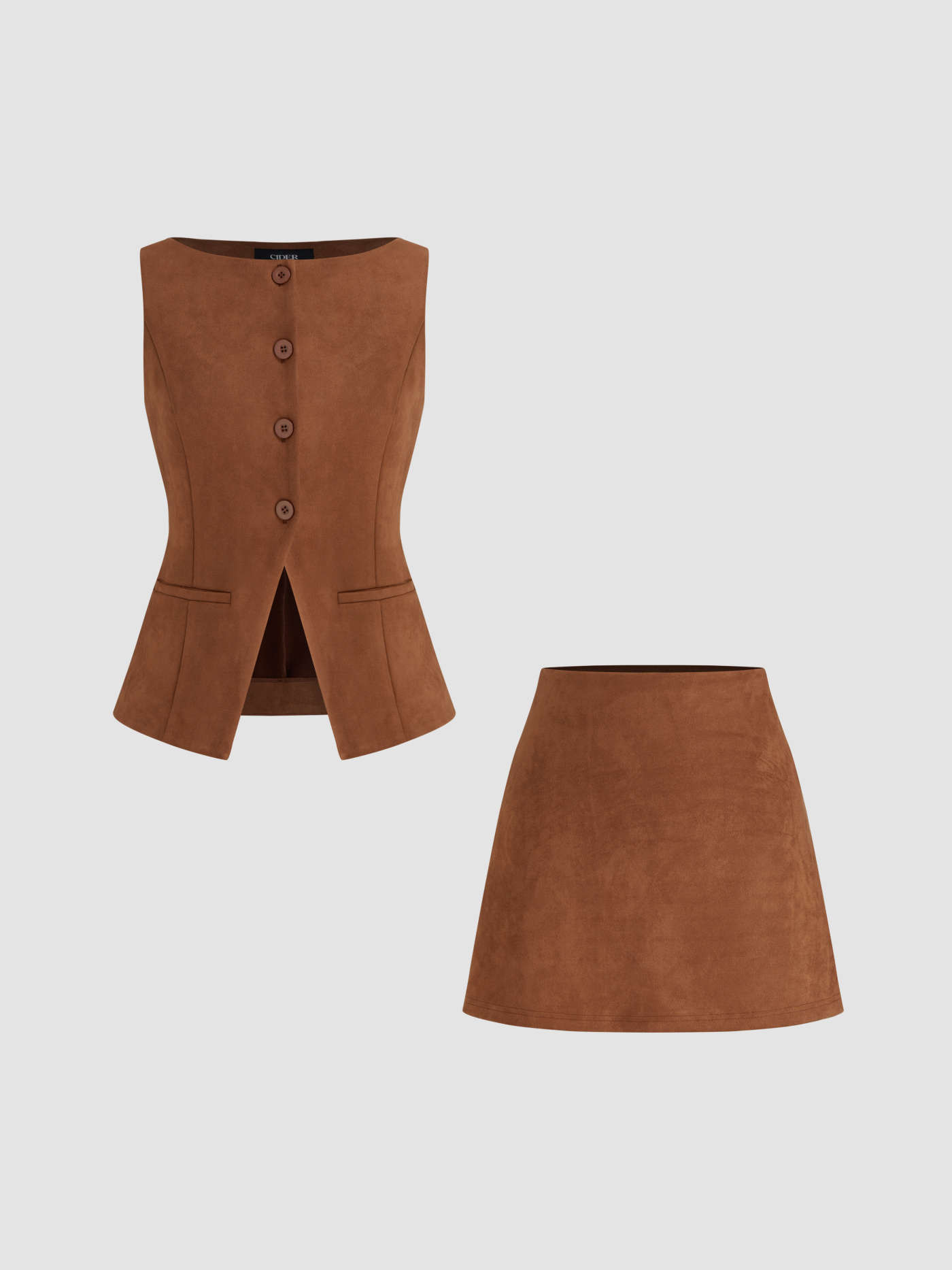 Suede Suede Boat Neck Split Waistcoat & Mid Rise Mini Skirt Set For Work | Cider