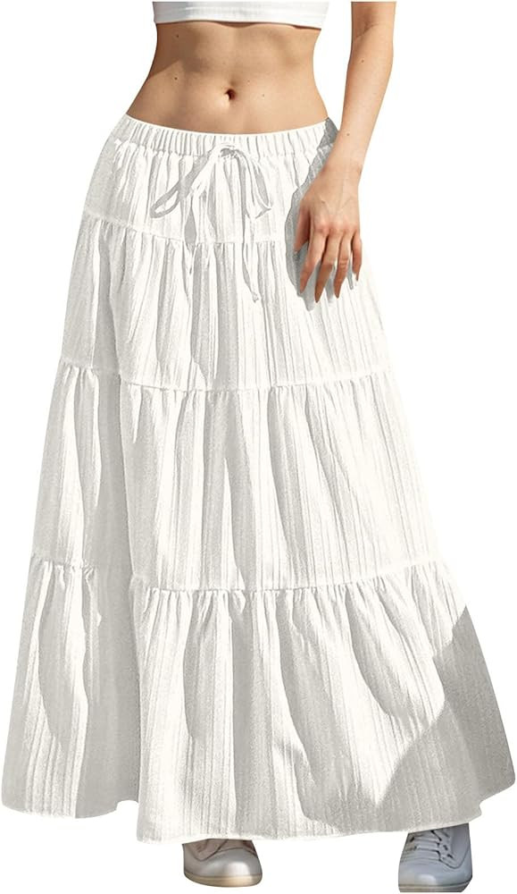 Maxi Skirts for Women,White Tiered Maxi Skirt,Boho A-line Flowy Long Dress,Loose Elastic High Wai... | Amazon (CA)