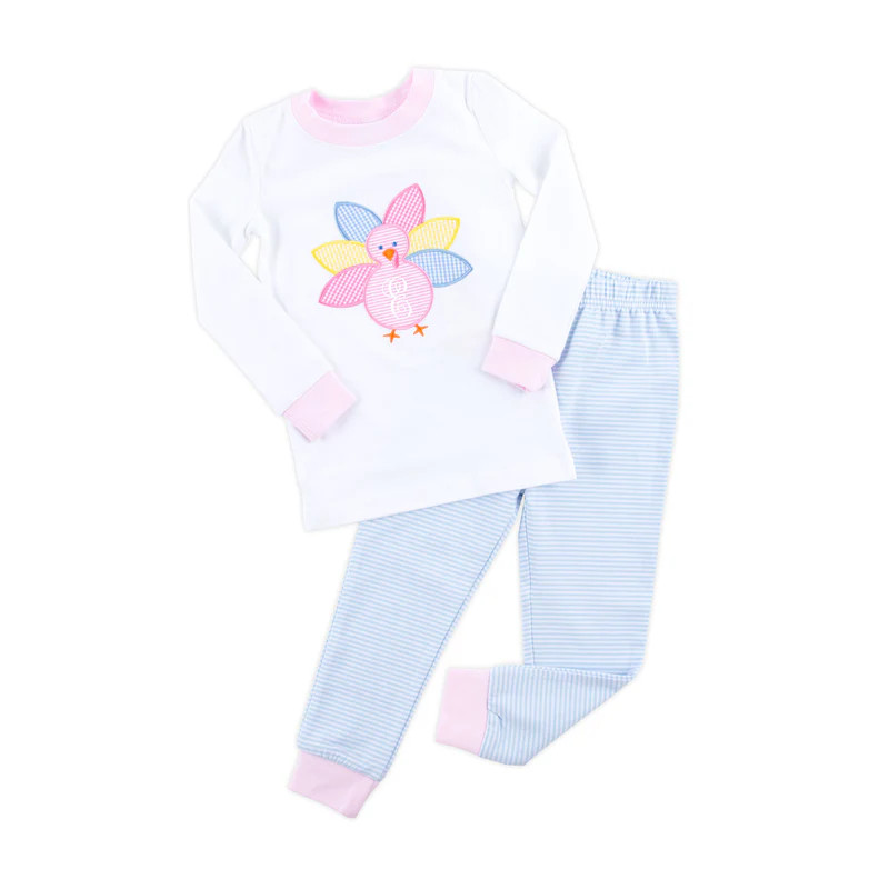 Pink Turkey Light Blue Stripe Pajamas | Classic Whimsy