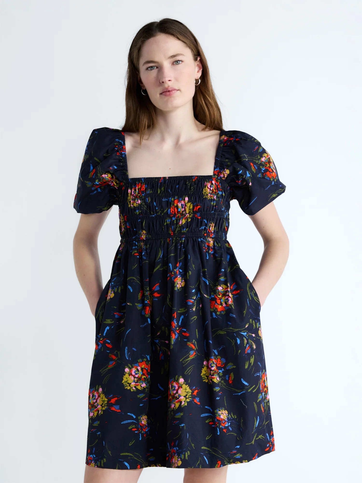 Free Assembly Women's and Women's Plus Smocked Cotton Peasant Mini Dress with Puff Sleeves, Sizes... | Walmart (US)