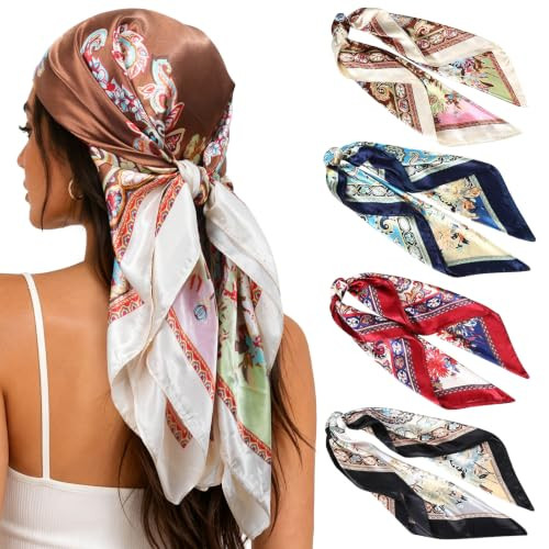 AWAYTR 4-Pack 35" Satin Head Scarves for Women, Silk-like Hair Bandanas | Amazon (US)