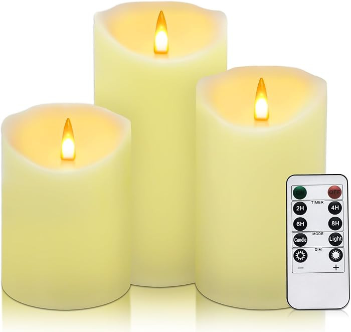 Flameless Pillar Candles, Battery Operated with Timer, Realistic Flickering Glow, 3 Pack Ivory, I... | Amazon (US)