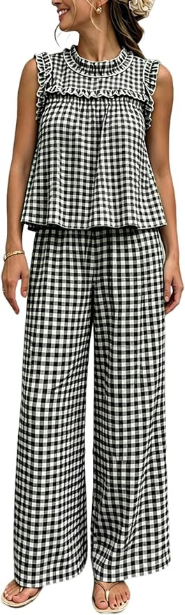 Aimiray Women's 2 Pieces Gingham Sets Summer Cotton Matching Suit | plaid lounge set,cotton soft ... | Amazon (US)