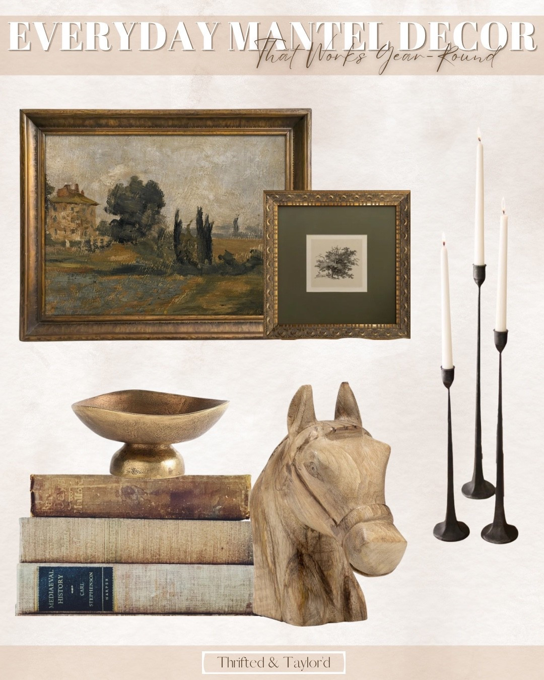 Everyday mantel decor is one of my favorite ways to make a living room feel finished without constantly swapping things out. I love pieces that feel timeless and collected, so the mantel works just as well in the middle of summer as it does during the holidays. A mix of art, books, something sculptural, and simple candleholders keeps everything feeling calm and intentional. These are the exact pieces used here if you’re building a mantel that works year-round.

#LTKHome