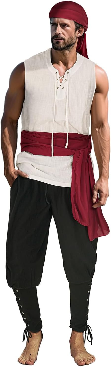 Mens 4 Pcs Pirate Costume Outfit Medieval Renaissance Costume Halloween Viking Costume | Amazon (US)