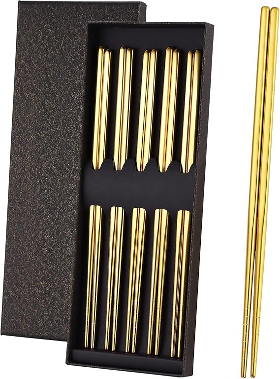 OIULO Gold Stainless Steel Chopsticks - Reusable Chopsticks - 5 Pairs Dishwasher Safe Metal Chops... | Amazon (US)