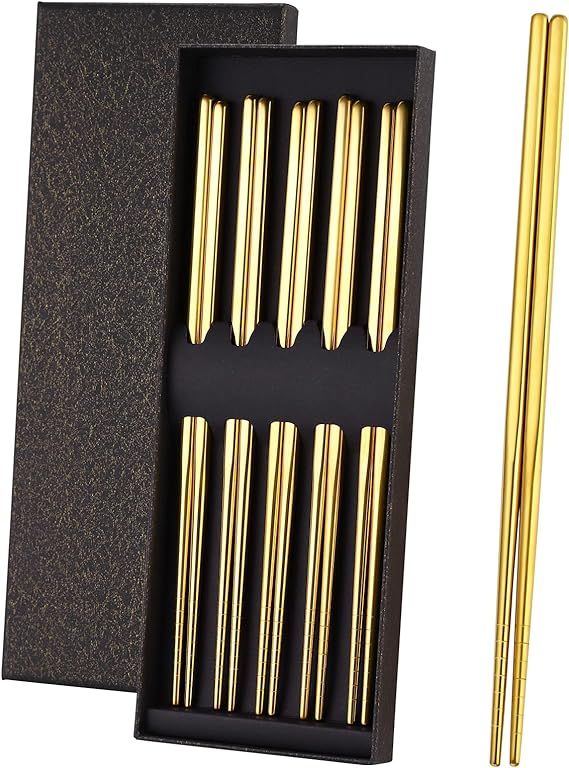 OIULO Gold Stainless Steel Chopsticks - Reusable Chopsticks - 5 Pairs Dishwasher Safe Metal Chops... | Amazon (US)