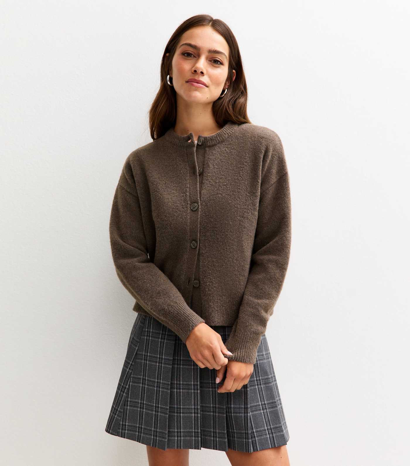 Petite Dark Mink Crew Neck Short Cardigan | New Look | New Look (UK)