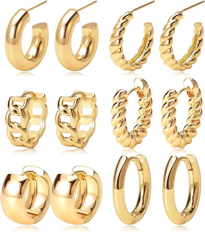 Gold Hoop Earrings Set 14k Gold Plated Huggie Earrings Hypoallergenic Chunky Twisted Thick Jewelr... | Amazon (US)