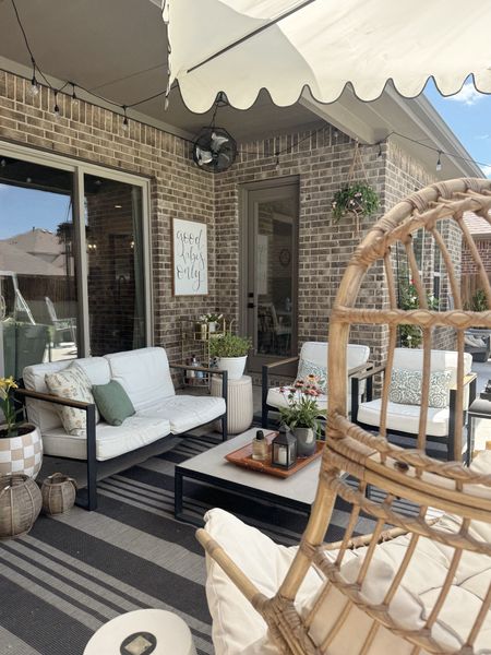 Our patio set is old from target but I linked a similar option that’s under $300!! 

Backyard setup, patio decor, patio furniture, outdoor rug, outdoor pillows, scalloped rectangle umbrella, egg chair 

#LTKSeasonal #LTKHome