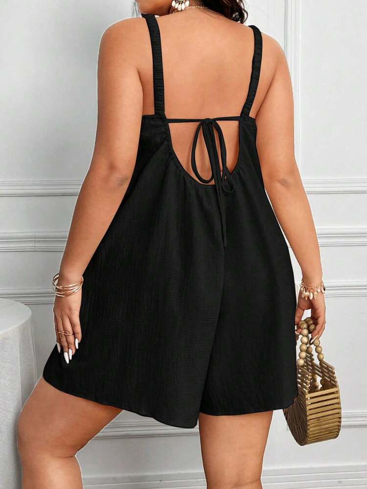 EMERY ROSE Plus Size Women's Summer Solid Color Simple Daily Wear Romper With Straps Short Summer Dresswomen Romperblack Dress Shortromper Dressshort Jumpsuit | SHEIN