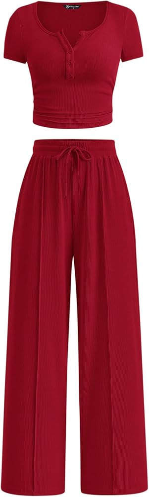 PRETTYGARDEN 2 Piece Outfit Ribbed Crop Top Wide Leg Pants Set | Amazon (US)