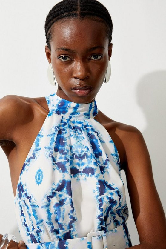 Abstract Tile Georgette Belted Pleated Midi Dress | Karen Millen UK + IE + DE + NL