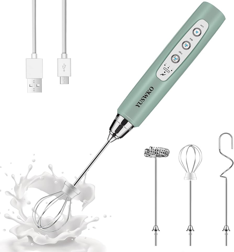 YUSWKO Rechargeable Milk Frother Handheld with 3 Heads, Granite Green Coffee Electric Whisk Drink... | Amazon (US)