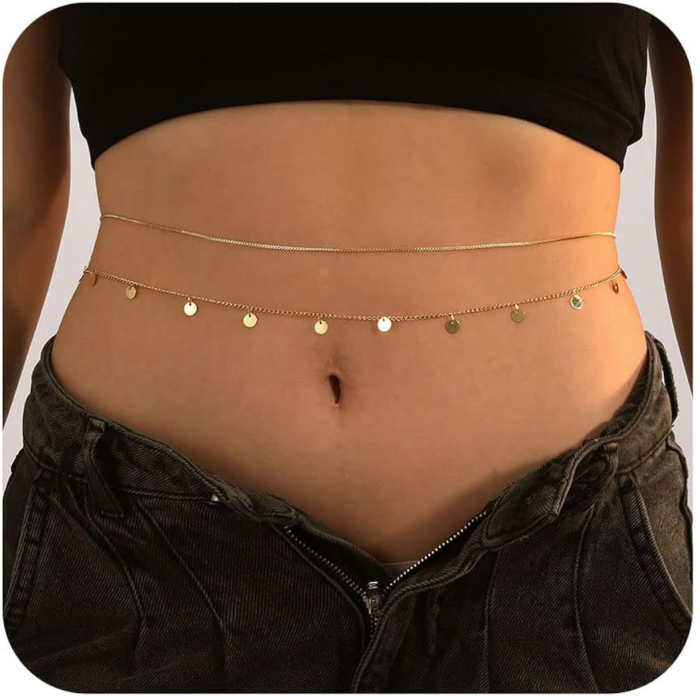 Honsny 2PCS 25-43Inch 18K Gold Plated Waist Chain Minimalist Pearl Belly Body Chain Gold Layered ... | Amazon (US)
