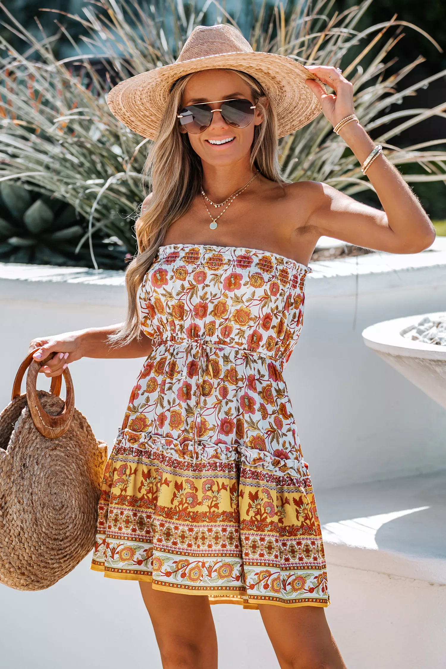 Blue Printed Smocked Tube Dress