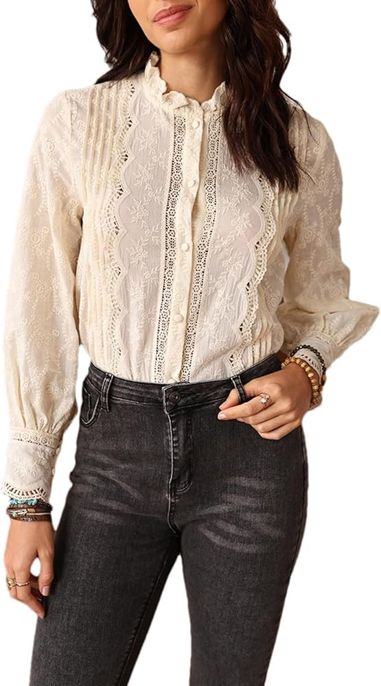 Womens Lace Embroidered Eyelet Cutout Shirt Summer Casual Long Sleeve Slim Fit Blouses Crewneck T... | Amazon (US)