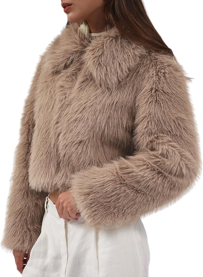 Amazhiyu Womens Faux Fur Zip-Up Cropped Jacket Long Sleeve Warm Winter Coat | Amazon (US)