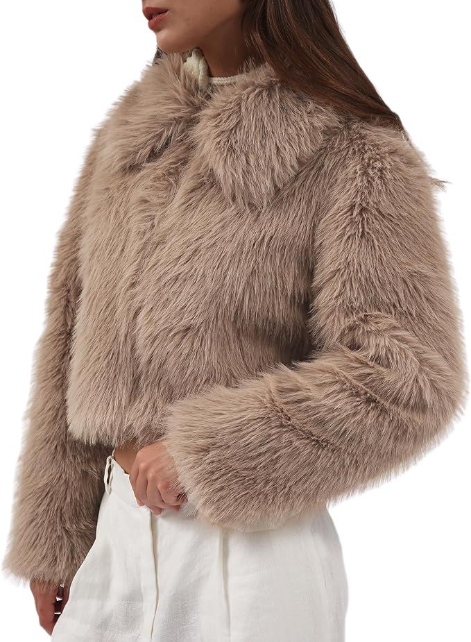 Amazhiyu Womens Faux Fur Zip-Up Cropped Jacket Long Sleeve Warm Winter Coat | Amazon (US)