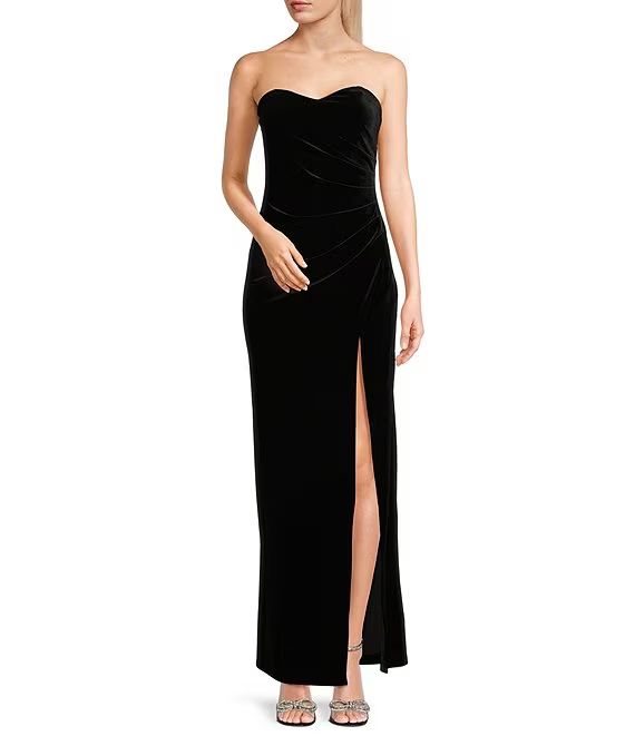 Strapless Ruched Velvet Long Dress | Dillard's