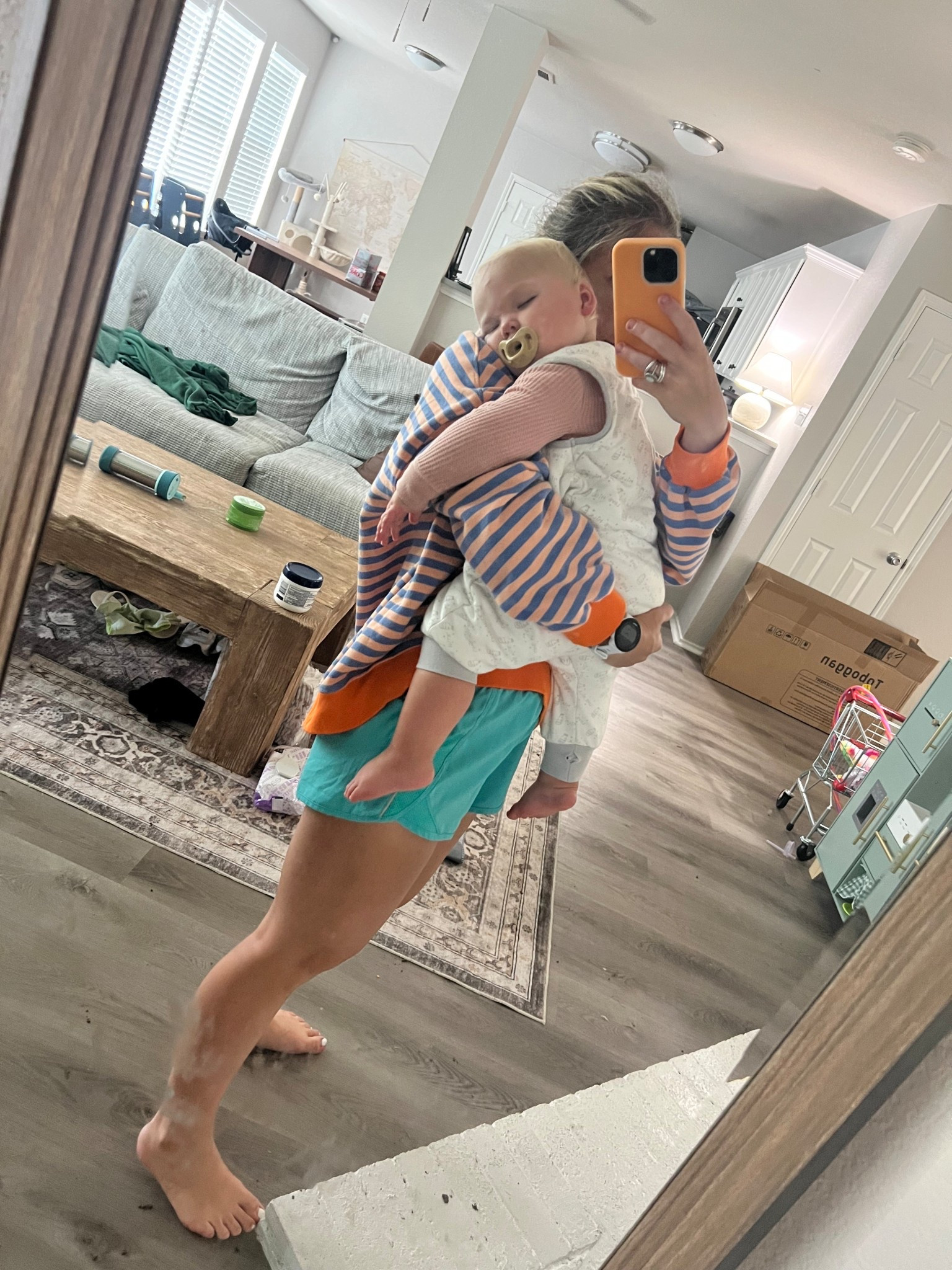 This is what mom life really looks like 💛 Took this mirror pic while holding my daughter who fell asleep in her sleep sack—because naps don’t wait, and neither does real life. We’ve been loving this toddler-friendly sleep sack lately. It has legs, so she can still walk and move around safely before bed and in the morning. It keeps her cozy all night without overheating.

I’m wearing my favorite oversized striped crewneck (bright + cozy) with some colorful blue running shorts. It’s not polished. The house is messy. But we’re comfy, colorful, and making it through summer in style.

Everything’s linked here on LTK—from toddler sleep essentials to bright mom outfits that make me feel a little more like me.

#LTKMomStyle #LTKBabyFinds #SleepSackWithLegs #ToddlerSleepGear #OversizedCrewneck #ColorfulMomOutfit #RealMomStyle #LTKUnder50 #MomLifeLook #PostpartumStyle #CozyButCute #SummerMomStyle 

#LTKFindsUnder50 #LTKBaby #LTKKids