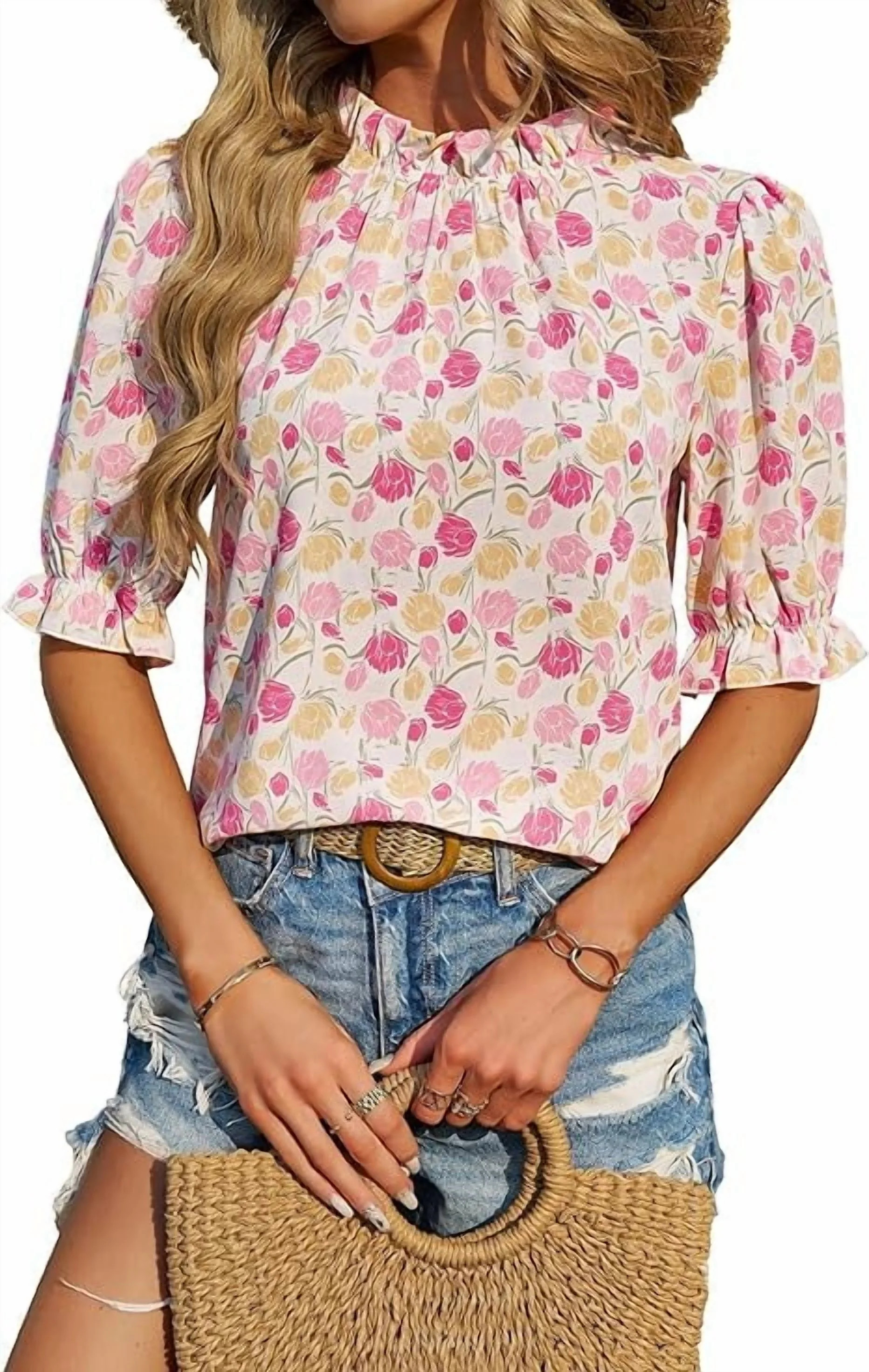 FreshPretty Women's Summer Boho Shirt Top Ruffle Short Sleeve Frill Trim Mock Neck Floral Solid C... | Walmart (US)