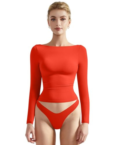 SUUKSESS Women Crew Neck Long Sleeve T Shirts Double Lined Tight Fitted Crop Top (Nude,S) at Amaz... | Amazon (US)