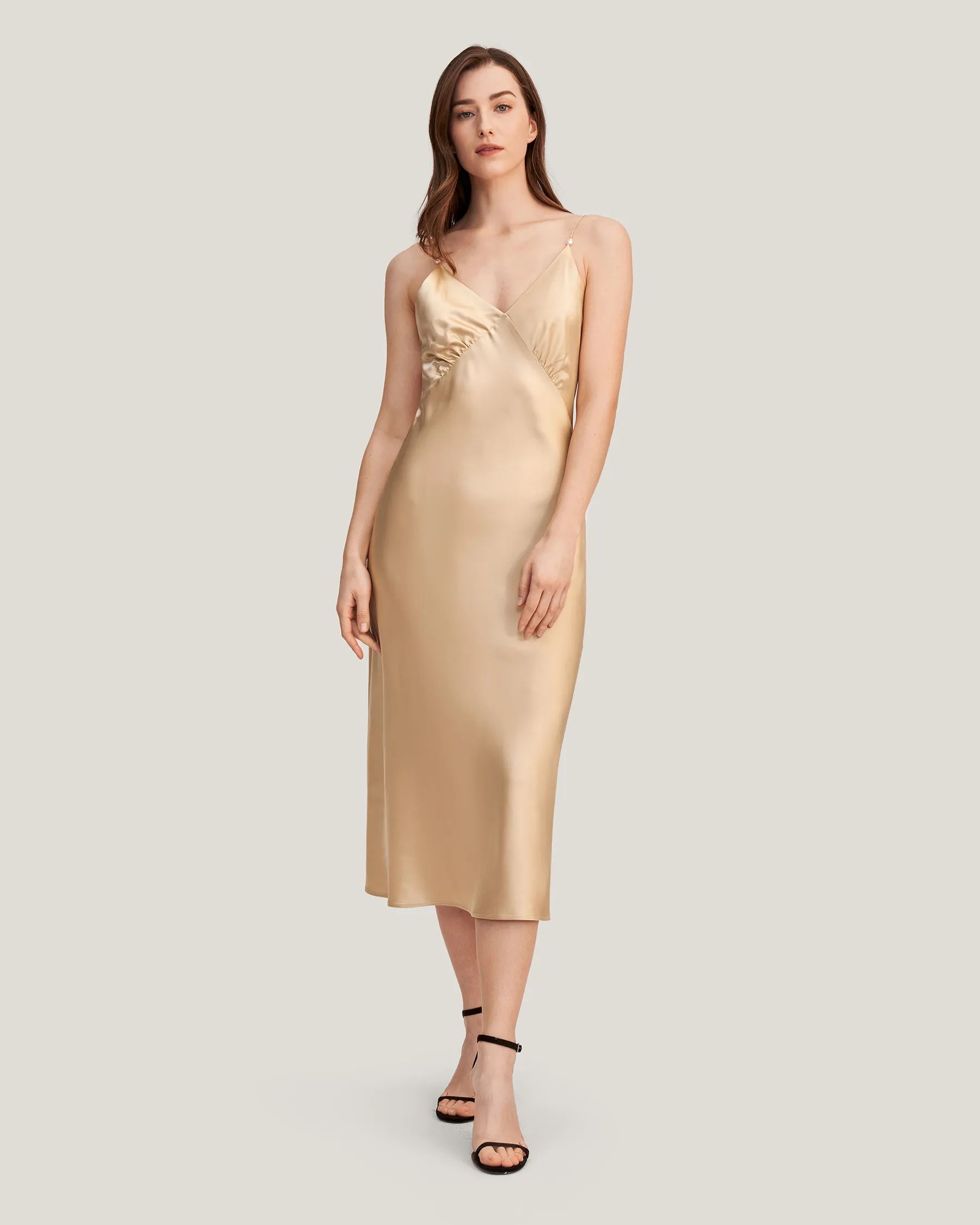 Elegant V Neck Silk Dress With Pearl | LilySilk