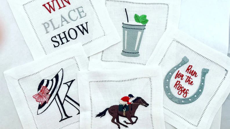 Kentucky Derby Cocktail Napkins Coasters Embroidered Set of 6 Linen Hemstitched - Etsy | Etsy (US)