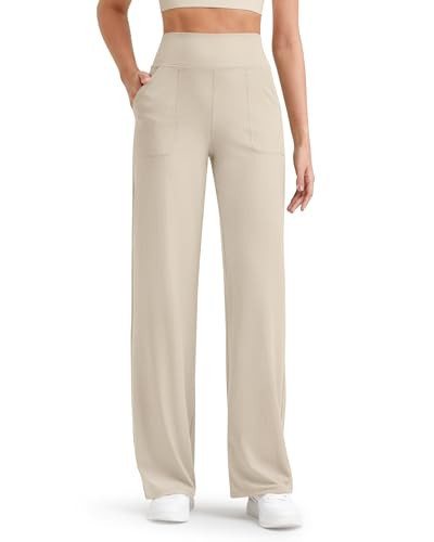 G4Free Women's Pants Wide Leg Sweatpants Ribbed Trouser Style Yoga Pants with Pockets Casual Travel Pants(Light Khaki,S,30") | Amazon (US)