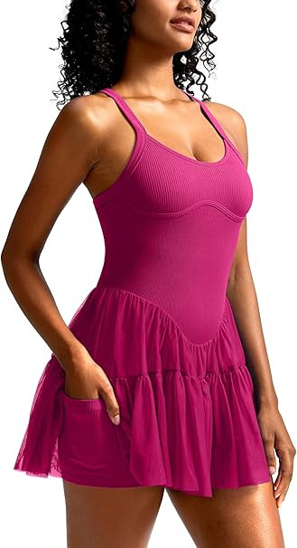Tennis Dress with Built in Shorts and Bra Athletic Golf Activewear for Exercise | Amazon (US)