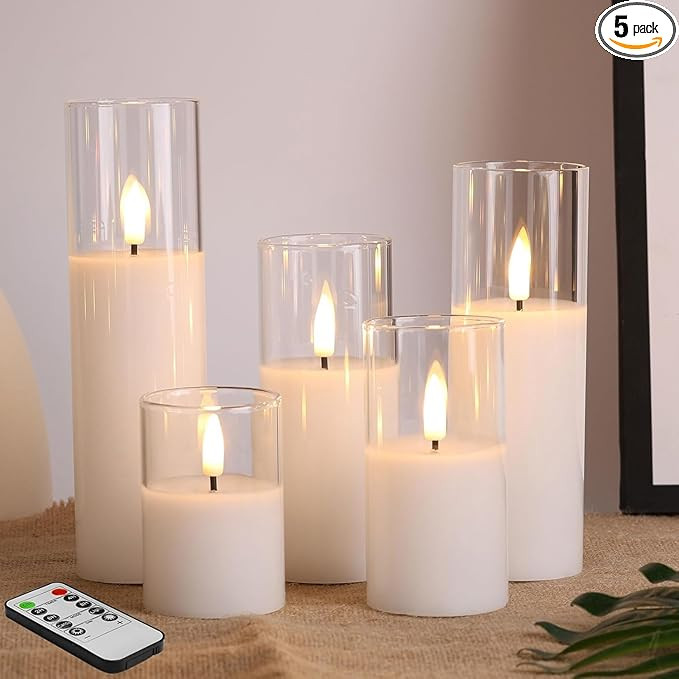 Eywamage 5 Pack Clear Glass Flameless Candles with Remote, Flickering Slim Tall LED Pillar Votive... | Amazon (US)