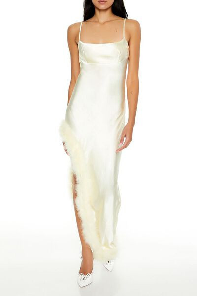 Faux Fur-Trim Satin Maxi Dress | Forever 21