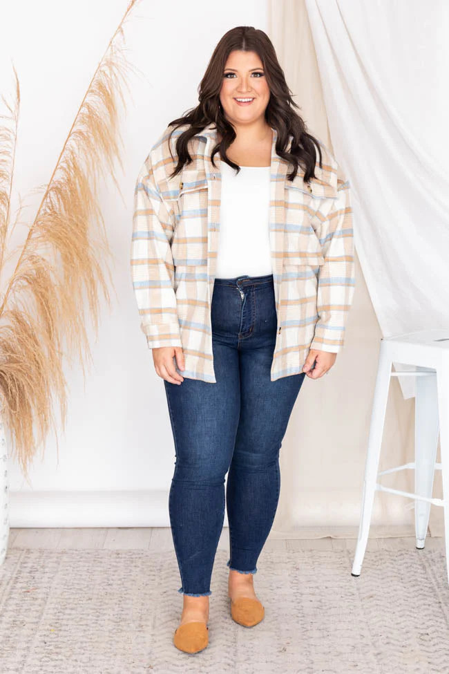 Meet You Outside Tan/Blue Plaid Shacket FINAL SALE | Pink Lily