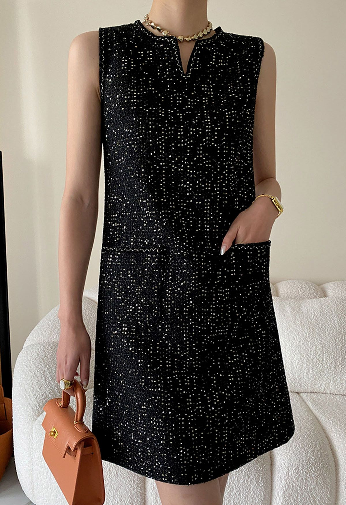 Sequin Embroidery Sleeveless Tweed Dress in Black | Chicwish