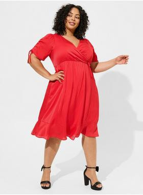 Midi Dobby Satin Surplice Wrap Dress | Torrid (US & Canada)